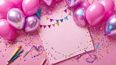 The primary subject of the image is a pink card with a gold border, which is placed on a pink background. The card is decorated with a gold border and a pink ribbon. The setting is a celebration, as indicated by the presence of balloons in the background. The visual style is a combination of digital art and illustration, creating a festive and colorful atmosphere. The dominant colors are pink and gold, which contribute to the celebratory mood of the scene.
