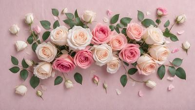 The primary subject of the image is a bouquet of pink and white roses. The roses are arranged in a visually appealing manner, creating a beautiful and elegant display. The setting is a pink background, which complements the roses and adds to the overall aesthetic of the image. The visual style is a close-up of the bouquet, allowing the viewer to appreciate the details of the roses and their arrangement. The colors and mood of the image are predominantly pink and white