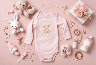 The primary subject of the image is a baby wearing a pink onesie. The setting is a pink background, and the visual style is a photo. The colors and mood of the image are predominantly pink, creating a warm and cozy atmosphere.