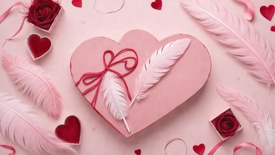 The primary subject of the image is a heart-shaped box with a bow on top. The setting is a pink background, and the visual style is a photo. The colors and mood of the image are predominantly pink, creating a warm and romantic atmosphere.