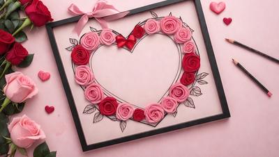 The primary subject of the image is a heart-shaped frame with a bow on top, filled with red and pink roses. The heart is made of paper, and the roses are drawn or painted on the paper. The setting is a pink background, which complements the heart and roses. The visual style is a combination of digital art and illustration, creating a unique and artistic representation of the heart and roses. The colors and mood of the image are predominantly pink and red, evoking