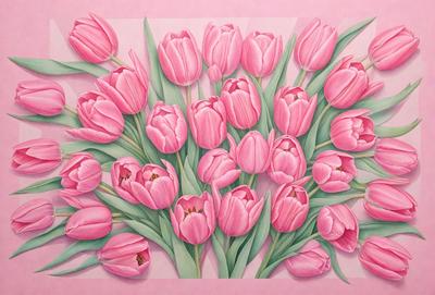 The primary subject of the image is a painting of a bouquet of pink tulips. The painting is set against a pink background, which adds to the overall mood of the scene. The visual style of the painting is a combination of digital art and illustration, creating a vibrant and detailed representation of the tulips. The colors and mood of the painting are predominantly pink, which gives the painting a warm and inviting atmosphere.