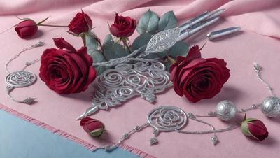 The primary subject of the image is a bouquet of red roses. The setting is a pink cloth, and the visual style is a photo. The dominant colors are red and pink, creating a warm and romantic atmosphere.