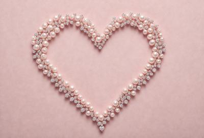 The primary subject of the image is a heart-shaped arrangement of pearls and diamonds. The heart is made up of multiple pearls and diamonds, creating a visually appealing and elegant design. The setting is a pink background, which complements the colors of the pearls and diamonds. The visual style of the image is a combination of digital art and illustration, showcasing the intricate details of the heart-shaped arrangement. The colors and mood of the image are predominantly