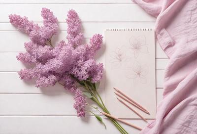 The primary subject of the image is a bouquet of purple flowers, which are the main focus of the scene. The flowers are placed on a white surface, which serves as the background. The visual style of the image is a combination of photo and drawing, as the flowers are depicted in a realistic manner, while the background is a white surface with a pencil drawing of flowers. The colors and mood of the image are predominantly purple, creating a calm and serene atmosphere.