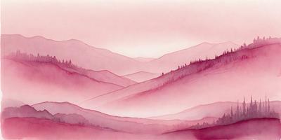 The primary subject of the image is a mountain range with a pinkish hue. The setting is a mountainous landscape with a sky background. The visual style is a combination of a painting and a drawing, creating a unique and artistic representation of the scene. The colors and mood of the image are predominantly pink, giving it a warm and serene atmosphere.