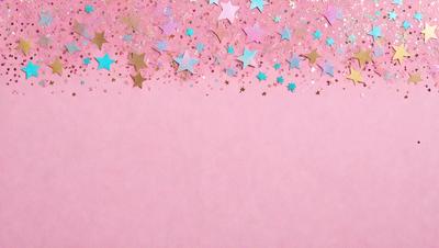 The primary subject of the image is a pink background with a pattern of stars. The setting is a pink wall, and the visual style is a combination of photo and digital art. The dominant colors are pink and white, creating a warm and inviting atmosphere.