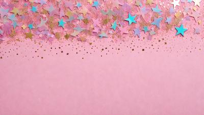 The primary subject of the image is a pink background with a pattern of stars. The setting is a pink wall, and the visual style is a combination of photo and digital art. The dominant colors are pink and gold, creating a warm and inviting atmosphere.