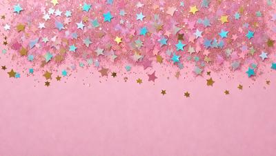 The primary subject of the image is a pink background with a pattern of stars. The setting is a pink wall, and the visual style is a combination of photo and digital art. The dominant colors are pink and gold, creating a warm and inviting atmosphere.