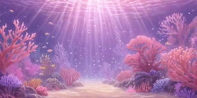 The primary subject of the image is a vibrant underwater scene featuring a variety of colorful coral reefs and sea creatures. The setting is a vast ocean filled with sunlight, creating a lively and serene atmosphere. The visual style is a combination of photo and digital art, with the colors and mood being predominantly bright and cheerful.