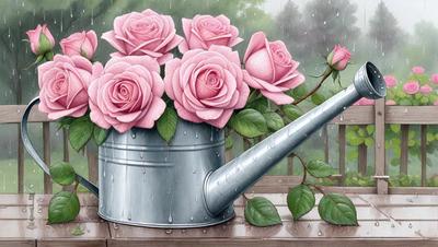 The primary subject of the image is a large metal watering can filled with pink roses. The setting is an outdoor environment, with the watering can placed on a wooden table. The visual style is a painting, which creates a vibrant and lively atmosphere. The dominant colors are pink and silver, giving the scene a fresh and elegant appearance.