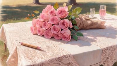 The primary subject of the image is a bouquet of pink roses placed on a table. The setting is an outdoor dining table, and the visual style appears to be a painting or drawing. The colors in the image are predominantly pink, creating a warm and inviting atmosphere.