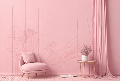 The primary subject of the image is a pink wall with a painting of a flower on it. The setting is a room with a chair and a table. The visual style is a painting, and the colors and mood are predominantly pink, creating a warm and inviting atmosphere.