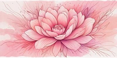 The primary subject of the image is a large, pink flower with a purple center. The flower is the focal point of the scene, and it is set against a pink background. The visual style of the image is a watercolor painting, which gives it a vibrant and artistic appearance. The dominant colors in the image are pink and purple, creating a warm and inviting atmosphere.