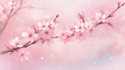 The primary subject of the image is a branch with pink flowers on it. The setting is a pink background, which adds to the overall mood of the scene. The visual style is a combination of a photo and digital art, creating a realistic yet artistic representation of the branch with flowers. The colors and mood of the image are predominantly pink, giving it a warm and inviting atmosphere.