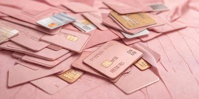 The primary subject of the image is a pink card with a credit card on it. The card is placed on a pink surface, which creates a visually appealing contrast. The setting appears to be a casual, everyday environment, and the visual style is a close-up of the card. The colors and mood of the image are predominantly pink, giving it a warm and inviting atmosphere.