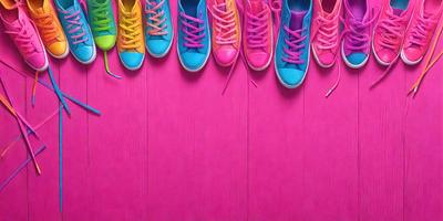The primary subject of the image is a row of colorful sneakers, which are displayed on a pink surface. The sneakers come in various colors, including pink, blue, yellow, and green. The setting is a pink background, which adds a vibrant and lively atmosphere to the scene. The visual style of the image is a close-up of the sneakers, showcasing their vivid colors and unique designs.