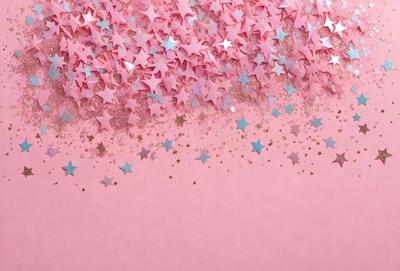 The primary subject of the image is a pink background with a multitude of stars scattered across it. The setting appears to be a pink wall, and the visual style is a combination of digital art and illustration. The dominant colors in the image are pink and gold, creating a warm and inviting atmosphere.