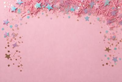 The primary subject of the image is a pink background with a star pattern. The setting is a pink surface, and the visual style is a combination of photo and digital art. The colors and mood of the image are predominantly pink, creating a warm and inviting atmosphere.