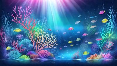 The primary subject of the image is a colorful underwater scene featuring a variety of fish and coral. The setting is a vibrant, aquatic environment with a blue background. The visual style is a combination of digital art and illustration, creating a lively and engaging atmosphere. The colors and mood are predominantly bright and cheerful, with a focus on the beauty and diversity of marine life.