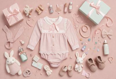 The primary subject of the image is a baby girl's pink outfit, which includes a lace-trimmed shirt and matching pants. The outfit is displayed on a pink background, giving it a warm and cozy appearance. The visual style of the image is a combination of photo and digital art, creating a realistic yet slightly stylized representation of the baby girl's clothing. The colors and mood of the image are predominantly pink, which is associated with femininity and warmth
