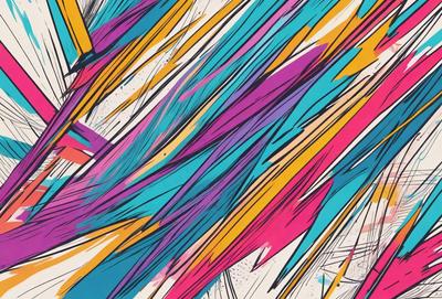 The primary subject of the image is a colorful, abstract painting featuring a mix of blue, pink, yellow, and green colors. The painting is displayed on a wall, creating a vibrant and lively atmosphere. The visual style of the painting suggests that it is a digital art or illustration, rather than a photo or traditional painting. The colors and mood of the painting evoke a sense of energy and creativity, making it an eye-catching and engaging piece of art.
