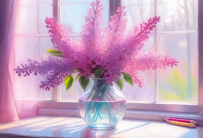 The primary subject of the image is a vase filled with pink flowers, placed on a window sill. The setting is a window with a pink frame, and the visual style appears to be a painting or drawing. The colors and mood of the image are predominantly pink, creating a warm and inviting atmosphere.