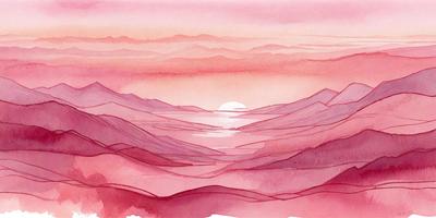 The primary subject of the image is a beautiful sunset over a mountain range. The setting is a pink sky with mountains in the background. The visual style is a combination of a painting and a drawing, creating a unique and artistic representation of the scene. The colors and mood of the image are predominantly pink, which adds a sense of warmth and serenity to the scene.