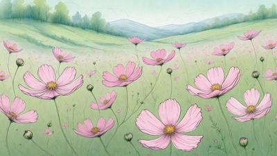 The primary subject of the image is a field of flowers, predominantly pink flowers, with some yellow ones as well. The setting is a lush green field, and the visual style is a combination of digital art and illustration. The colors and mood of the image are vibrant and cheerful, with the pink flowers being the main focus.