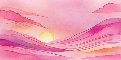 The primary subject of the image is a beautiful sunset with a pink sky. The setting is a vast, open landscape with a mountain range in the background. The visual style is a combination of digital art and illustration, creating a vibrant and colorful scene. The dominant colors are pink and purple, giving the image a warm and serene atmosphere.