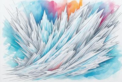 The primary subject of the image is a large, colorful ice formation, possibly a mountain or a glacier. The setting is a blue sky, which serves as the backdrop for the ice formation. The visual style of the image is a combination of digital art and illustration, creating a vibrant and dynamic scene. The dominant colors in the image are blue and white, which contribute to the overall atmosphere of the scene.