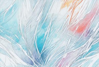 The primary subject of the image is a close-up of a blue and white painting of a plant. The setting is a white background, and the visual style appears to be a digital art or illustration. The dominant colors in the painting are blue and white, creating a calm and serene atmosphere.