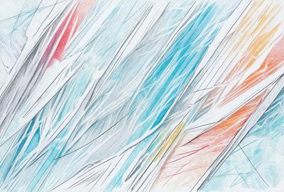 The primary subject of the image is a colorful, abstract design featuring a mix of blue, yellow, and orange colors. The setting is a white background, which provides a clean and minimalist appearance. The visual style is a combination of digital art and illustration, creating a unique and eye-catching pattern. The overall atmosphere is vibrant and lively, with the colors and patterns creating a sense of energy and movement.