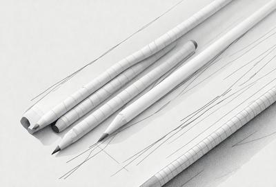 The primary subject of the image is a set of five white pencils. They are arranged in a row, with each pencil being slightly different in length. The setting is a table, and the visual style appears to be a drawing or illustration. The colors and mood of the image are predominantly white, giving it a clean and simple appearance.