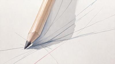 The primary subject of the image is a pencil, which is prominently displayed in the foreground. The setting is a white surface, possibly a piece of paper or a table. The visual style appears to be a combination of a photo and a drawing, as the pencil is depicted in a realistic manner while the background features a blue line. The colors and mood of the image are predominantly white and blue, creating a calm and focused atmosphere.