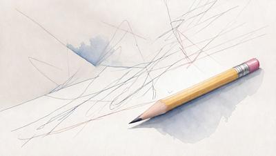 The primary subject of the image is a pencil, which is placed on a piece of paper. The setting is a table, and the visual style appears to be a combination of drawing and painting. The colors and mood of the image are predominantly blue and white, creating a calm and focused atmosphere.