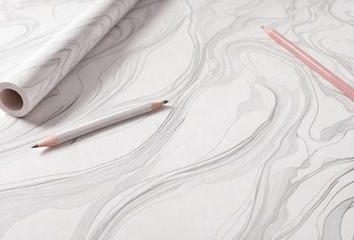 The primary subject of the image is a pencil and a piece of paper. The setting is a table, and the visual style is a drawing or illustration. The colors and mood of the image are predominantly white, giving it a clean and minimalist appearance.