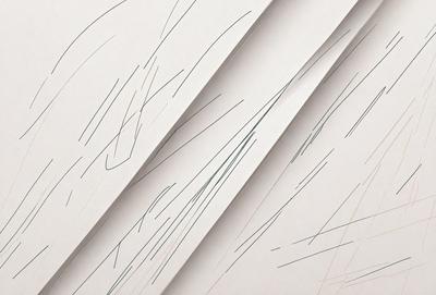 The primary subject of the image is a series of white paper with black lines drawn on them. The setting is a white wall, and the visual style appears to be a combination of drawing and digital art. The dominant colors are white and black, creating a clean and minimalist appearance. The overall atmosphere of the image is calm and focused on the intricate patterns created by the black lines on the white paper.