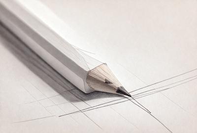 The primary subject of the image is a pencil, which is prominently displayed in the foreground. The setting is a piece of paper, and the visual style appears to be a drawing or illustration. The colors and mood of the image are predominantly neutral, with the pencil being the main focus.