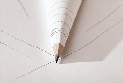 The primary subject of the image is a pencil with a wooden eraser. The pencil is placed on a piece of paper, which is the setting and background of the scene. The visual style of the image is a close-up of the pencil, showcasing its details. The colors and mood of the image are predominantly white, giving it a clean and minimalist appearance.