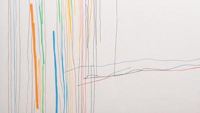 The primary subject of the image is a white canvas with a variety of colored lines and shapes drawn on it. The setting is a white background, and the visual style appears to be a combination of digital art and illustration. The colors and mood of the image are predominantly white, with the colored lines and shapes adding a sense of vibrancy and creativity to the canvas.