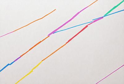 The primary subject of the image is a white background with a series of colored lines or stripes drawn on it. The lines are of various colors, including orange, pink, and blue. The setting appears to be a simple, clean background, with no additional objects or elements visible. The visual style of the image is a combination of artistic expression and digital design, as the colored lines are likely created using a computer or digital art tool. The overall atmosphere of the image is vibrant and lively, with the colored lines adding a