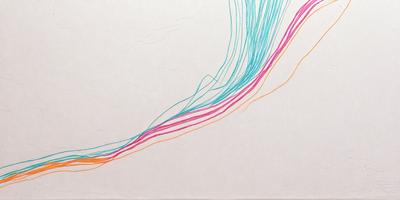 The primary subject of the image is a white surface with a blue, orange, and pink line drawn on it. The setting appears to be a white wall, and the visual style is a combination of digital art and illustration. The colors and mood of the image are vibrant and lively, with the blue, orange, and pink line creating a sense of movement and energy.