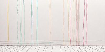 The primary subject of the image is a white wall with a colorful striped pattern. The setting is a room with a wooden floor. The visual style is a combination of drawing and painting, creating a unique and artistic appearance. The dominant colors are white, pink, blue, yellow, and orange, which together create a vibrant and lively atmosphere.