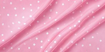 The primary subject of the image is a pink fabric with white polka dots. The setting is a close-up of the fabric, showcasing its texture and pattern. The visual style is a realistic representation of the fabric, capturing its details and appearance. The colors and mood of the image are predominantly pink and white, creating a soft and feminine atmosphere.