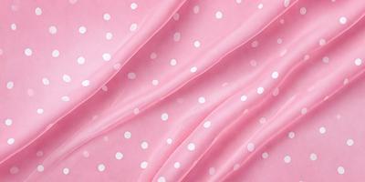 The primary subject of the image is a pink fabric with white polka dots. The setting is a close-up of the fabric, showcasing its texture and pattern. The visual style is a realistic representation of the fabric, capturing its details and appearance. The colors and mood of the image are predominantly pink and white, creating a soft and feminine atmosphere.