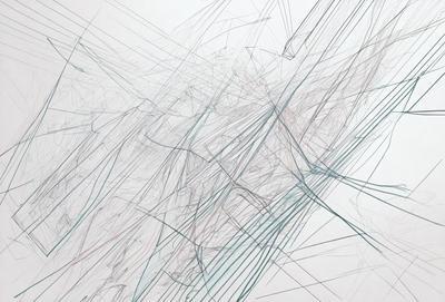 The primary subject of the image is a large, abstract drawing or painting of a person. The setting is a white wall, and the visual style appears to be a combination of digital art and illustration. The drawing features a mix of colors, including blue and green, which contribute to a somewhat moody atmosphere. The overall mood of the image is intriguing and thought-provoking, as the viewer is drawn into the artistic expression of the person depicted.