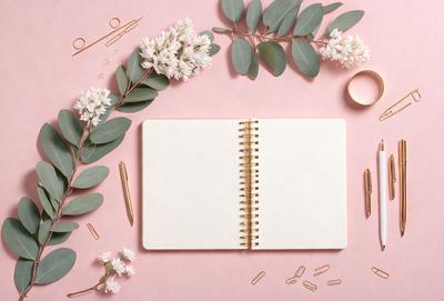 The primary subject of the image is a white notebook with a gold spiral binding, placed on a pink surface. The setting is a table with a variety of items, including a pair of scissors, a ring, and a potted plant with white flowers. The visual style is a close-up of the notebook, and the colors and mood are predominantly pink and white, creating a warm and inviting atmosphere.