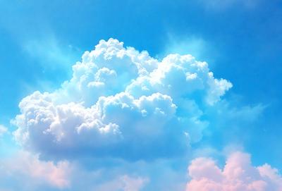 The primary subject of the image is a large, fluffy cloud in the sky. The cloud is surrounded by a blue sky, creating a serene and peaceful atmosphere. The setting is outdoors, with the cloud being the main focus of the scene. The visual style of the image is a photo, capturing the beauty of the cloud in its natural environment. The colors in the image are predominantly blue and white, with the cloud being predominantly white, and the sky being a deep shade of blue.