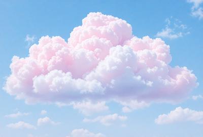 The primary subject of the image is a large, pink cloud floating in a blue sky. The cloud is the main focus of the image, and it appears to be a natural formation rather than a digital art or illustration. The setting is a clear, blue sky, which provides a contrasting backdrop for the cloud. The visual style of the image is a natural, outdoor scene, with no indication of photo manipulation or other digital enhancements. The colors in the image are predominantly pink and blue, creating